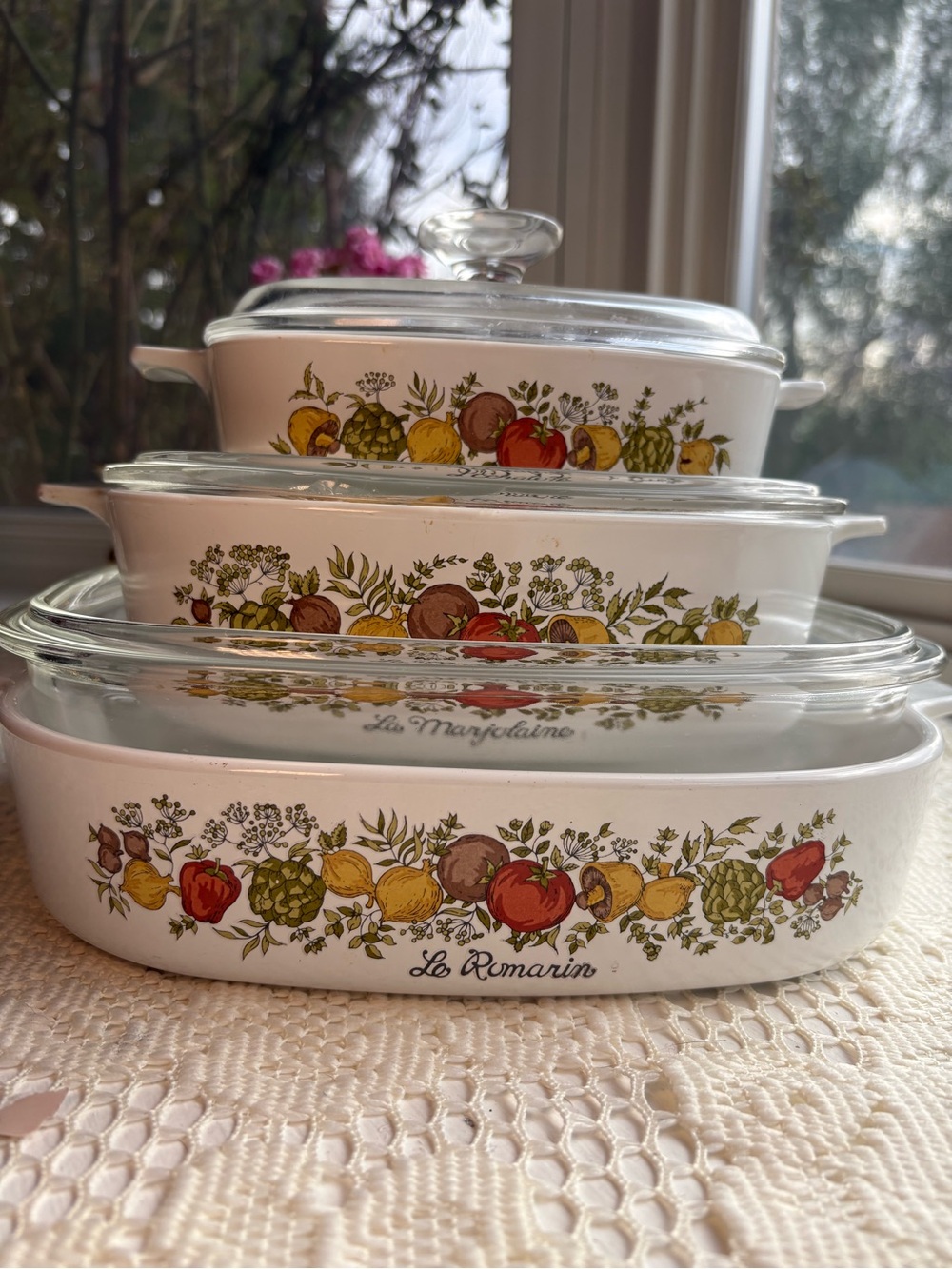 Corningware White Casserole Dish Set with Red Yellow Green Fruit Pattern